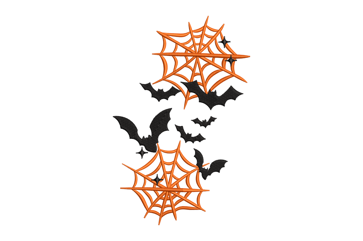 Halloween bat and spider web embroidery design with two orange satin webs and five black bat silhouettes in flight between them on white background