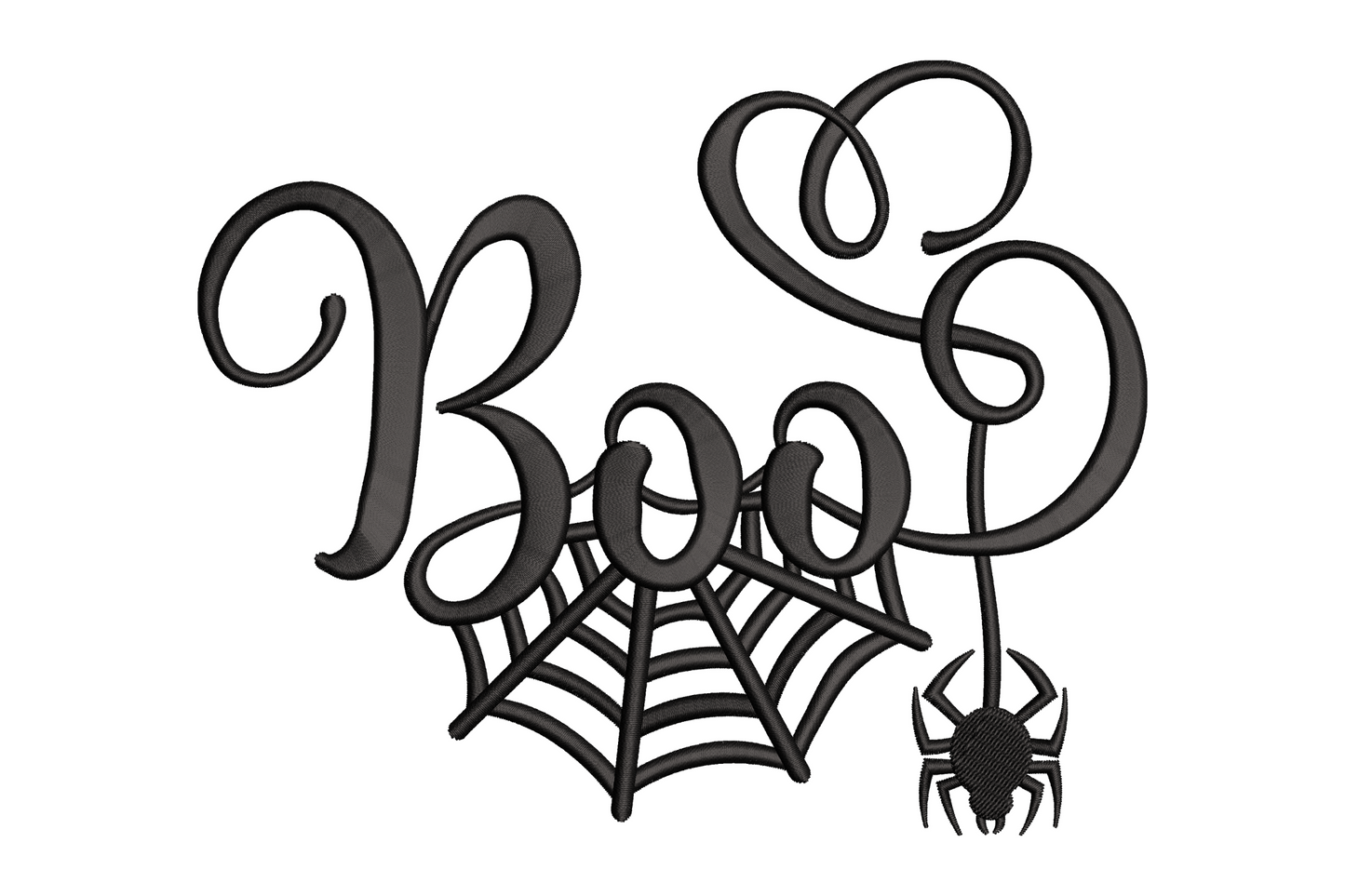 Machine embroidery design spelling Boo in bold halloween script with cobweb and dangling spider below, black single colour, 6 sizes