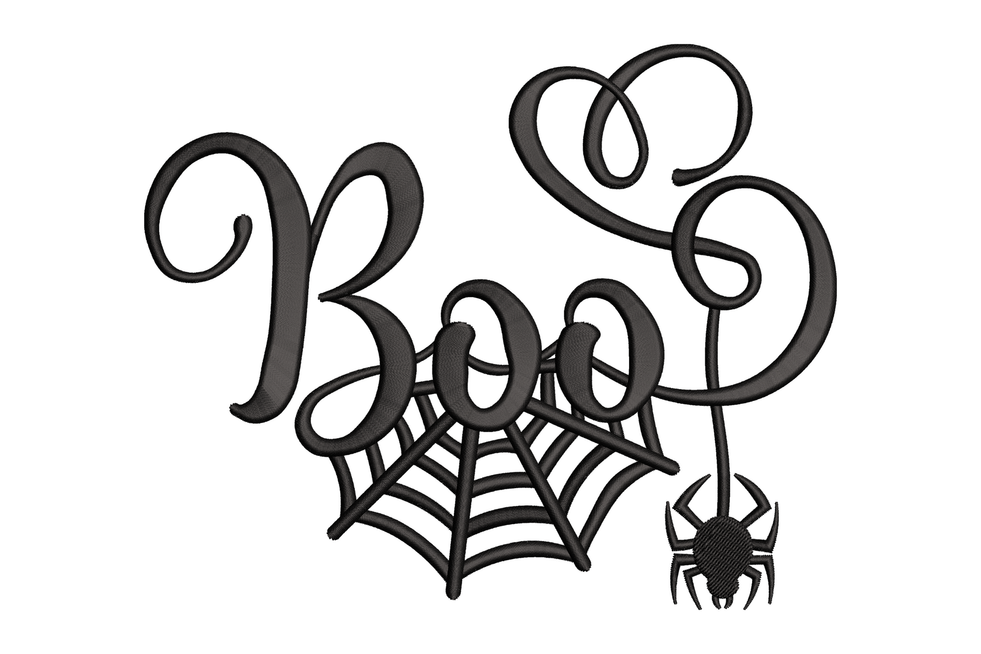 Machine embroidery design spelling Boo in bold halloween script with cobweb and dangling spider below, black single colour, 6 sizes