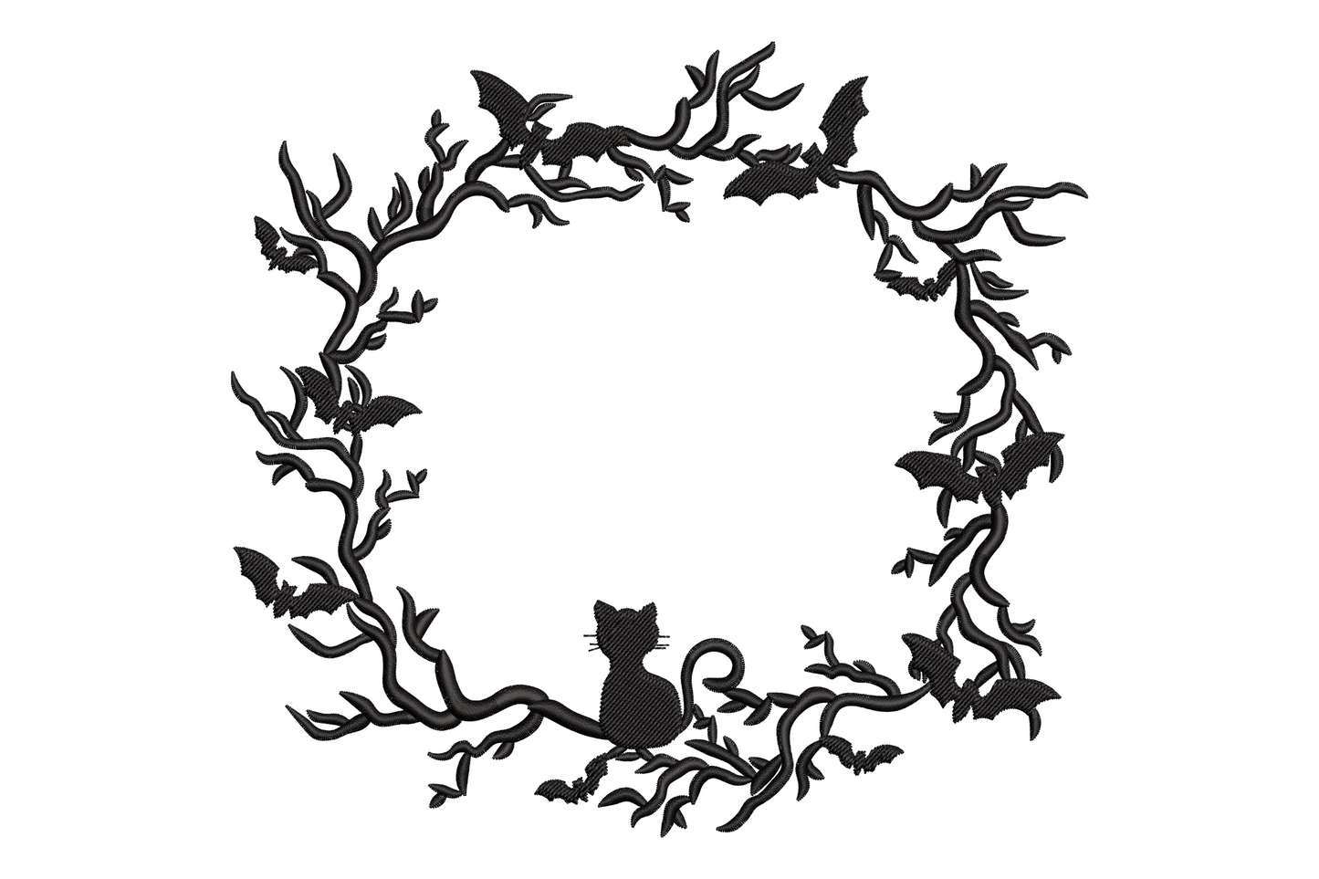 Spooky vine wreath embroidery with bats and tiny black cat at base, botanical gothic style, black thread, 5 sizes