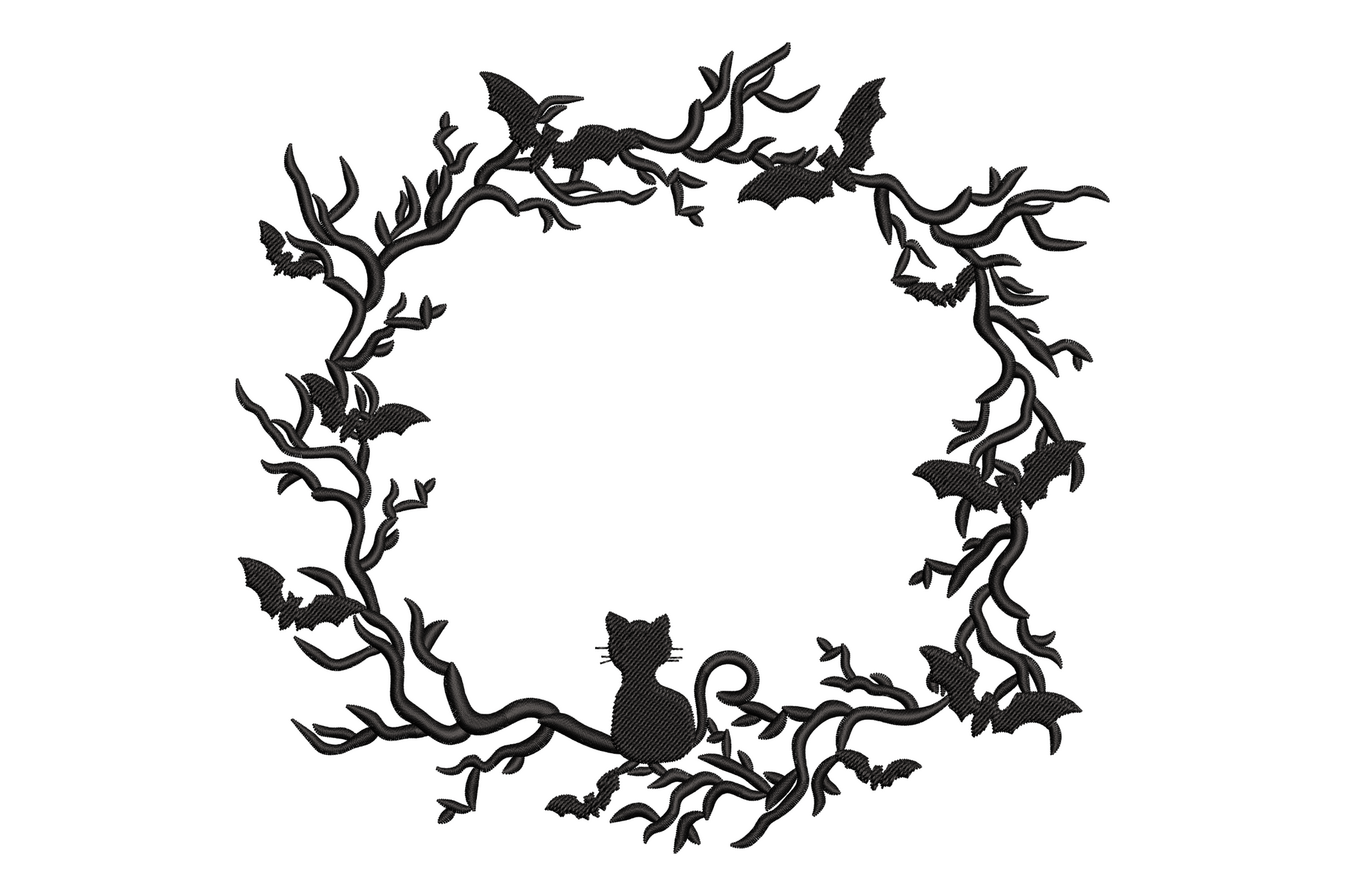 Spooky vine wreath embroidery with bats and tiny black cat at base, botanical gothic style, black thread, 5 sizes