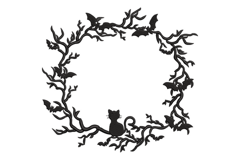 Spooky vine wreath embroidery with bats and tiny black cat at base, botanical gothic style, black thread, 5 sizes