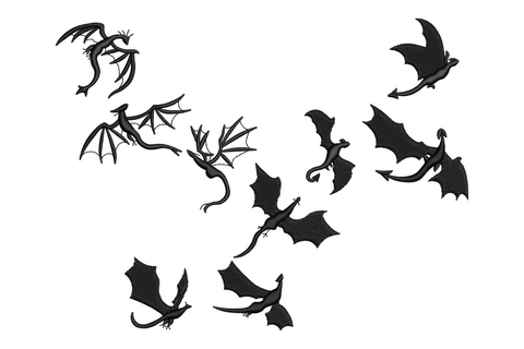 Halloween flying bats scatter silhouette embroidery design, black satin fills with directional wing stitching, 5 sizes