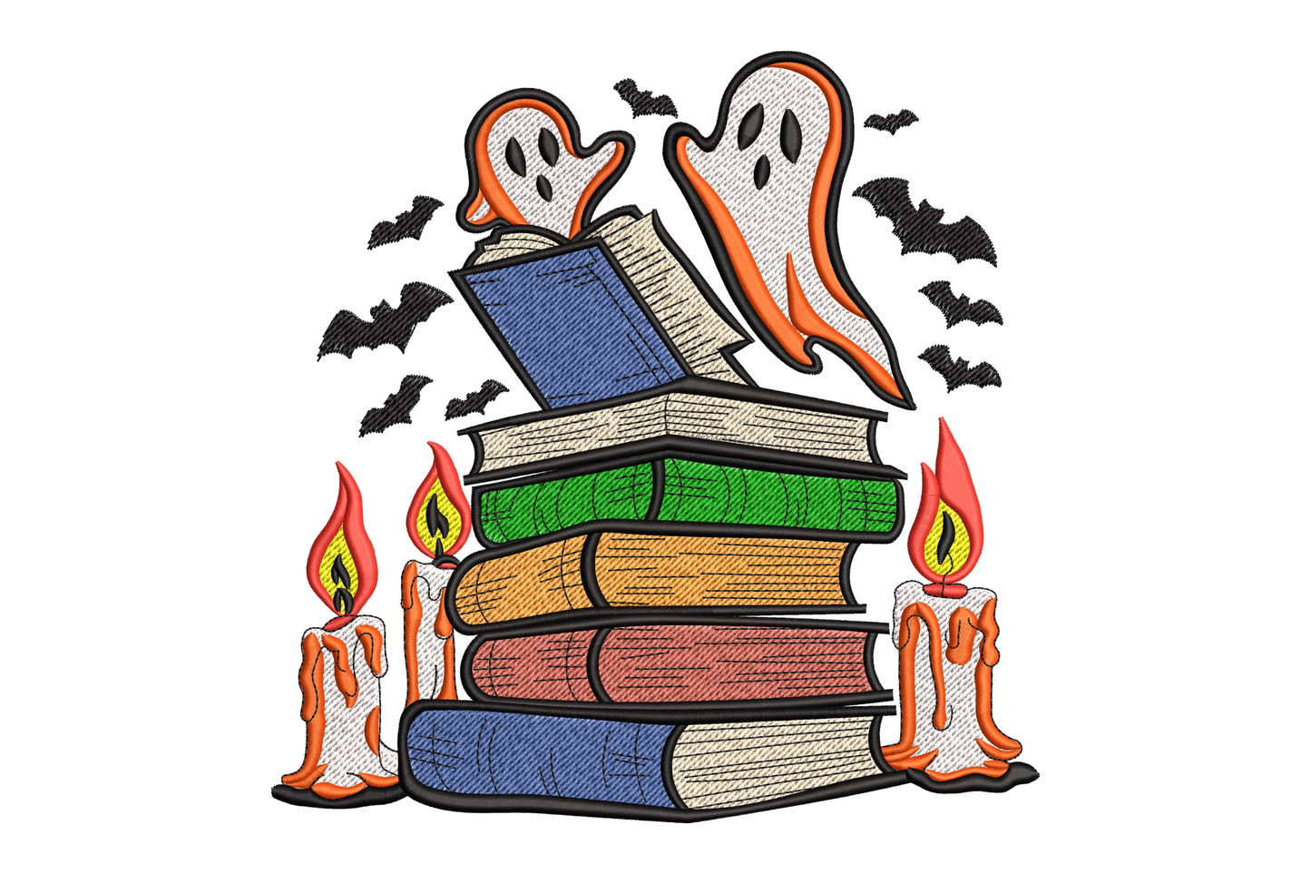 Ghost on book stack halloween embroidery, 10 colour kawaii cartoon, 5 sizes, bookish spooky machine embroidery pattern