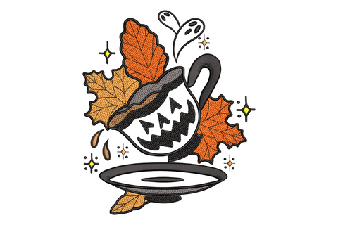 Spooky Halloween mug embroidery design showing a jack-o-lantern face coffee cup surrounded by autumn maple leaves in orange and brown with a ghost rising from the steam and sparkle diamond accents on white background