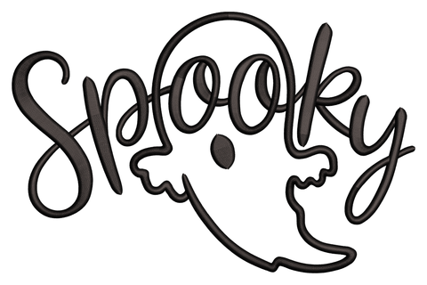 Spooky Ghost Word Art embroidery design, single colour text arranged in ghost silhouette shape, minimalist Halloween style, 3.5 by 2.27 inch compact format.