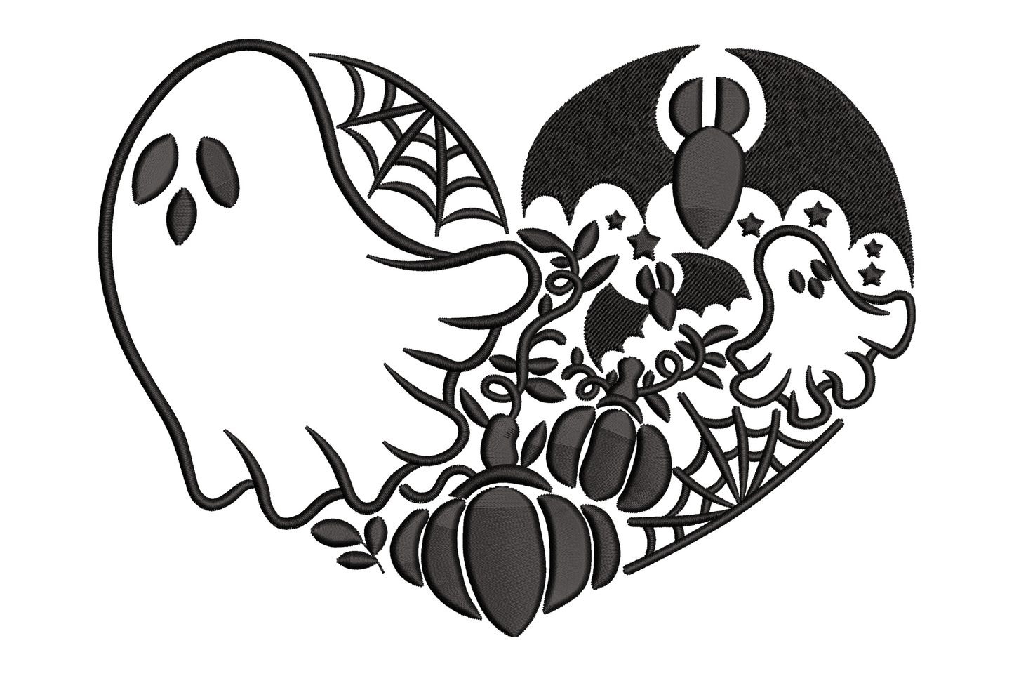Spooky ghost and bat heart embroidery design split black and white with pumpkins spider web and stars, single colour, 6 sizes to 5.5 inches wide