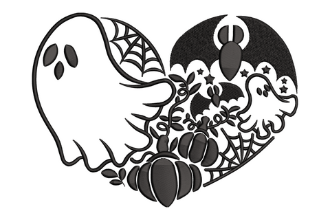 Spooky ghost and bat heart embroidery design split black and white with pumpkins spider web and stars, single colour, 6 sizes to 5.5 inches wide