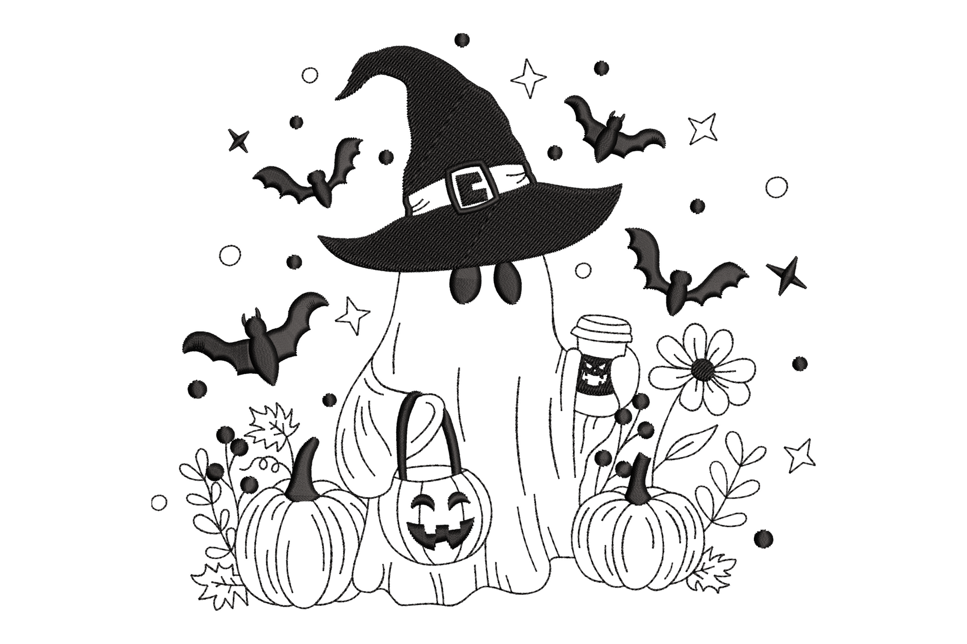 Round ghost wearing a pointed witch hat, single black thread halloween machine embroidery design, shown on white fabric background, 5 sizes from 3 to 6.5 inches wide