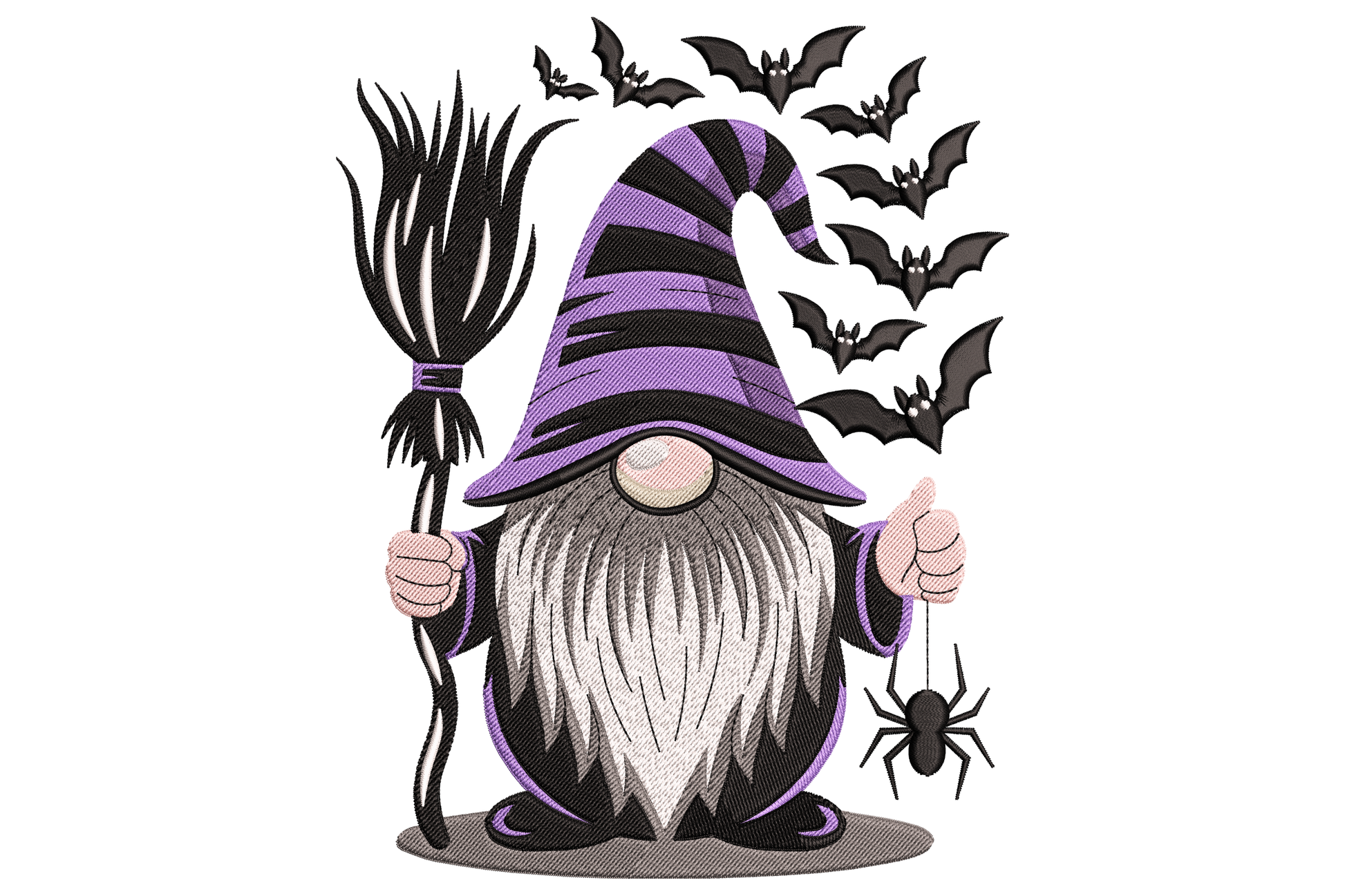 Spooky gnome machine embroidery design, gnome holding broom with dangling spider, black hat cream beard orange body, seven colours, 2.73 by 3.5 inches portrait.
