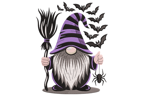 Spooky gnome machine embroidery design, gnome holding broom with dangling spider, black hat cream beard orange body, seven colours, 2.73 by 3.5 inches portrait.