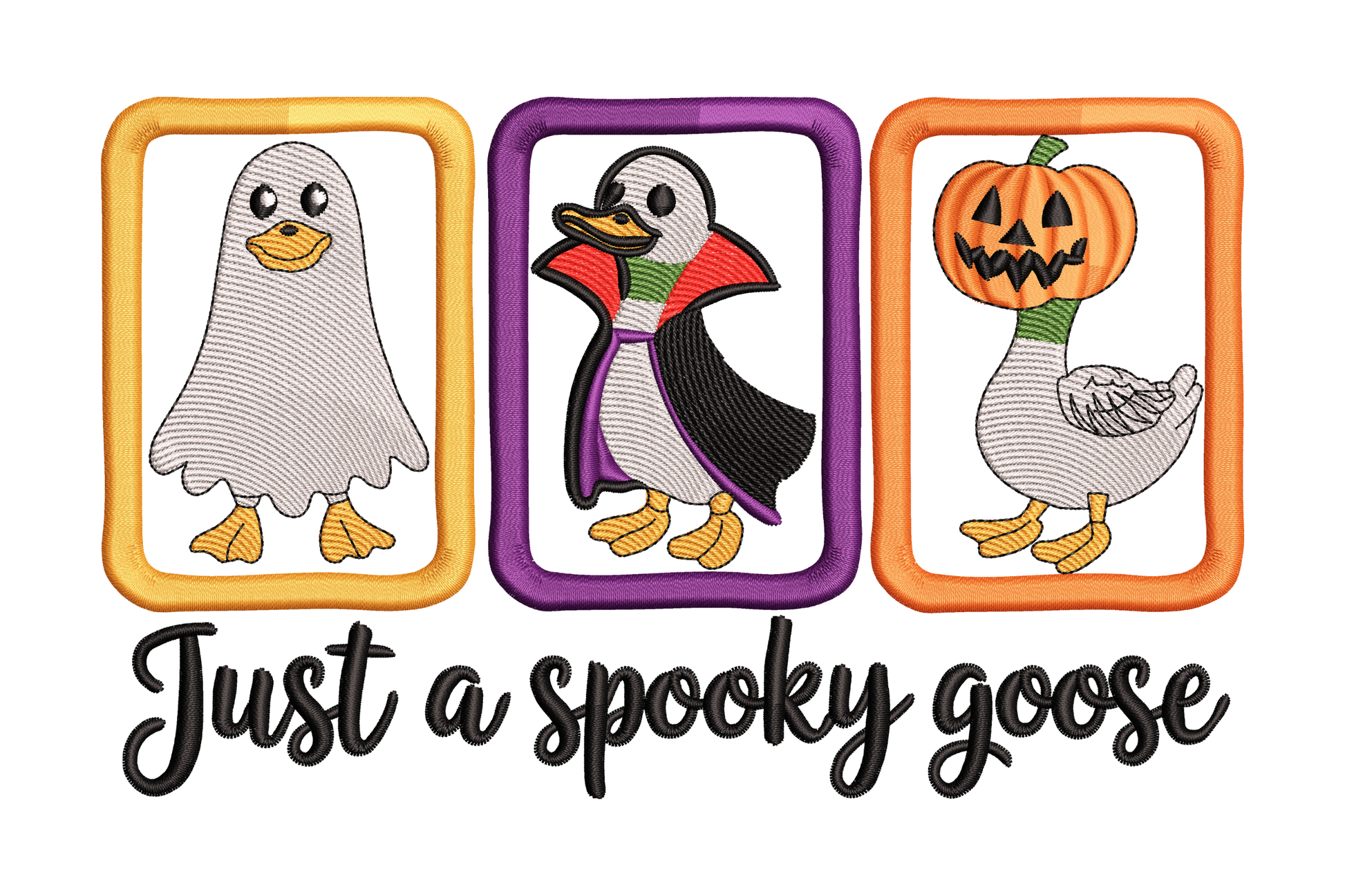 Three white geese in ghost vampire and pumpkin head costumes in a row with just a spooky goose cursive text embroidery