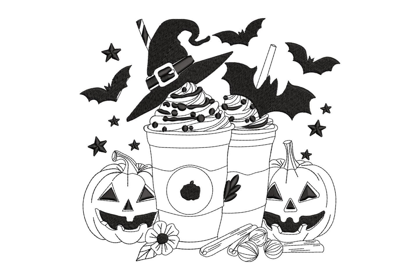 Machine embroidery design of two halloween coffee cups with witch hat whipped cream pumpkins and bats, single colour blackwork, 6 sizes