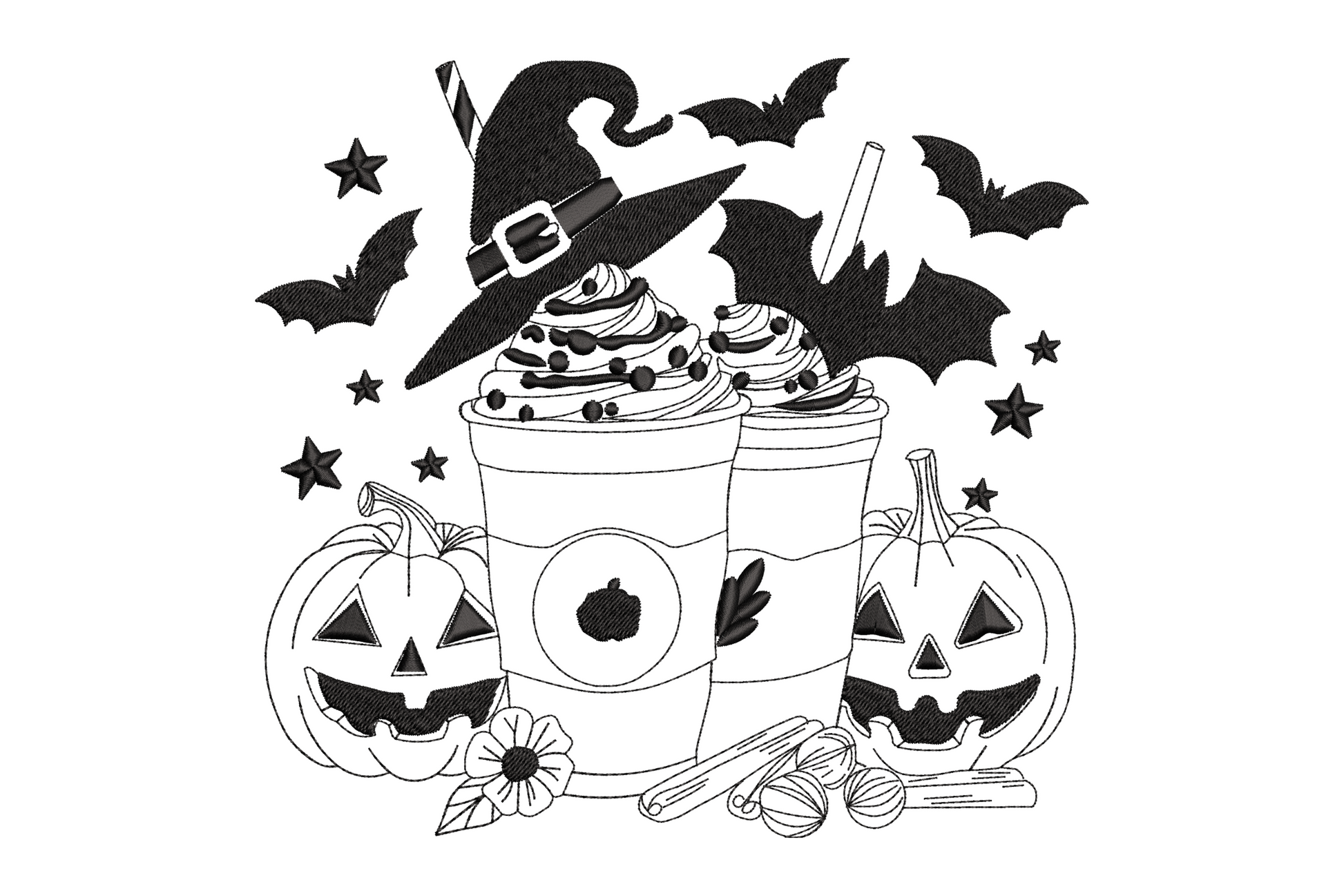 Machine embroidery design of two halloween coffee cups with witch hat whipped cream pumpkins and bats, single colour blackwork, 6 sizes