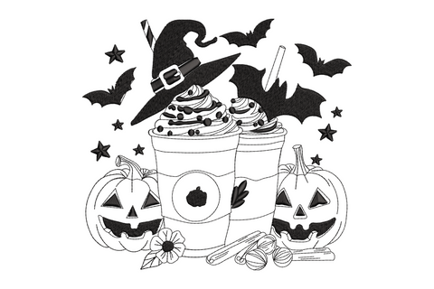 Machine embroidery design of two halloween coffee cups with witch hat whipped cream pumpkins and bats, single colour blackwork, 6 sizes