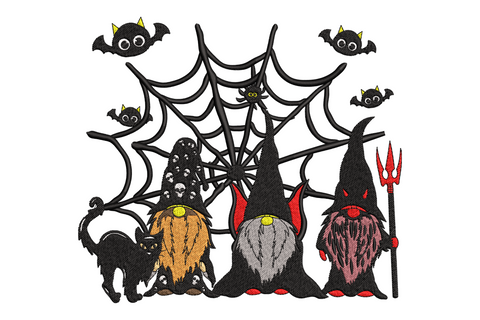 Three spooky halloween gnomes with different coloured beards standing in front of a large spider web with small bats along the top, embroidery design in 9 colours