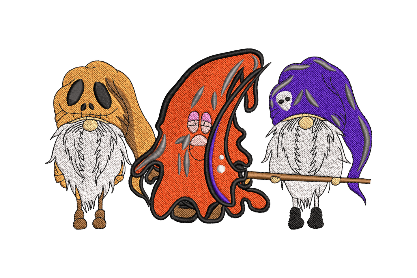 Halloween embroidery: three gnomes with skull hat, dripping orange ghost body and purple bat hat holding a broomstick