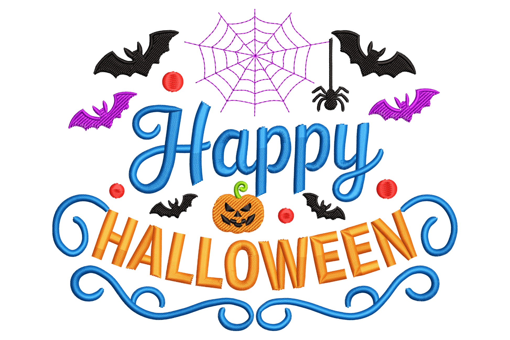 Spooky Halloween display lettering embroidery in dripping serif font, six colours including black, deep orange and bone white on dark fabric.