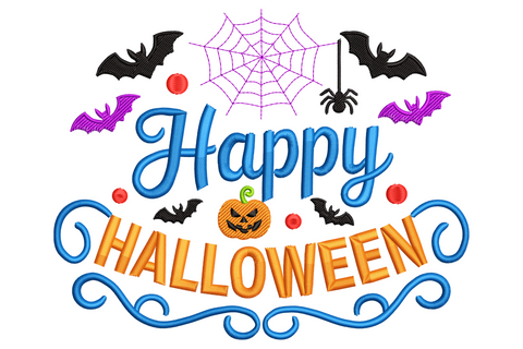 Spooky Halloween display lettering embroidery in dripping serif font, six colours including black, deep orange and bone white on dark fabric.