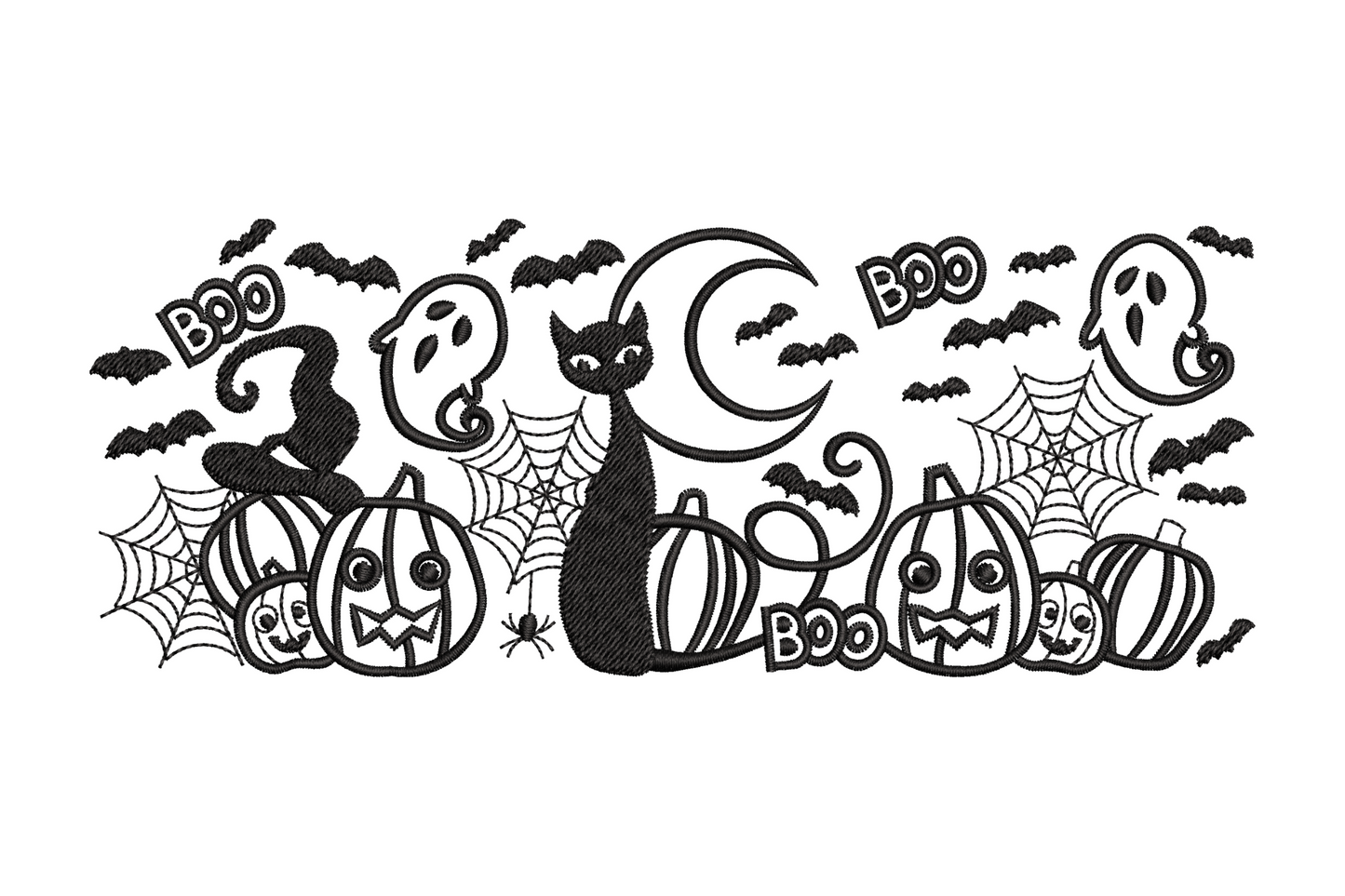 Halloween pumpkin parade embroidery with stacked jack-o-lanterns bats and ghost in single black thread, tall vertical design, 4 sizes up to 7.5 inches tall