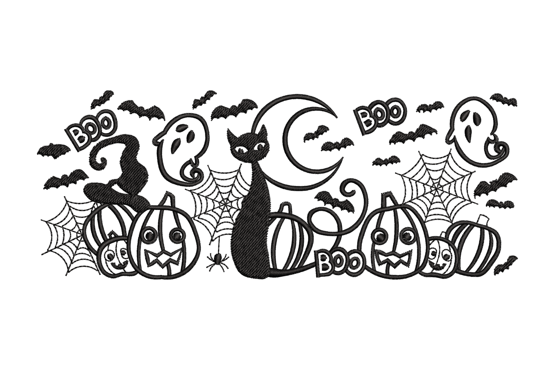 Halloween pumpkin parade embroidery with stacked jack-o-lanterns bats and ghost in single black thread, tall vertical design, 4 sizes up to 7.5 inches tall