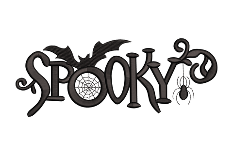 Spooky Halloween word art embroidery with bold blocky capitals, spider web in the O, bats on top and dangling spider below, black single colour.