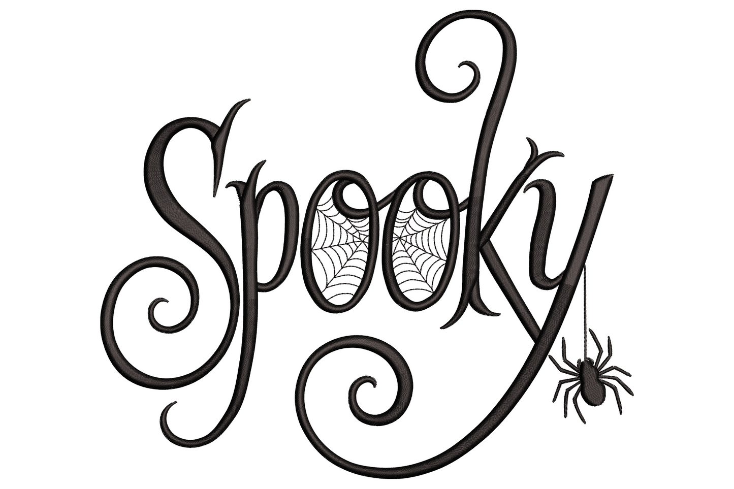 Spooky halloween word art machine embroidery with massed halloween words arranged in a near-square block, single colour, open density.