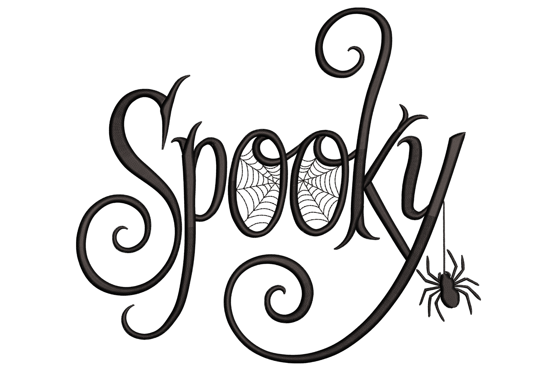 Spooky halloween word art machine embroidery with massed halloween words arranged in a near-square block, single colour, open density.