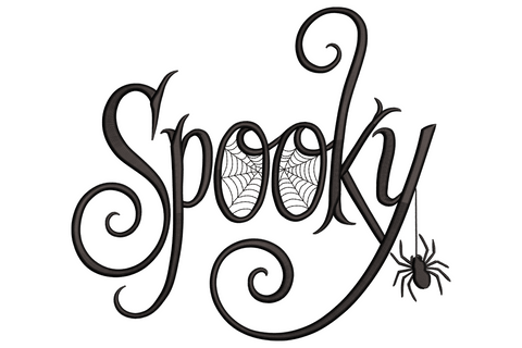 Spooky halloween word art machine embroidery with massed halloween words arranged in a near-square block, single colour, open density.