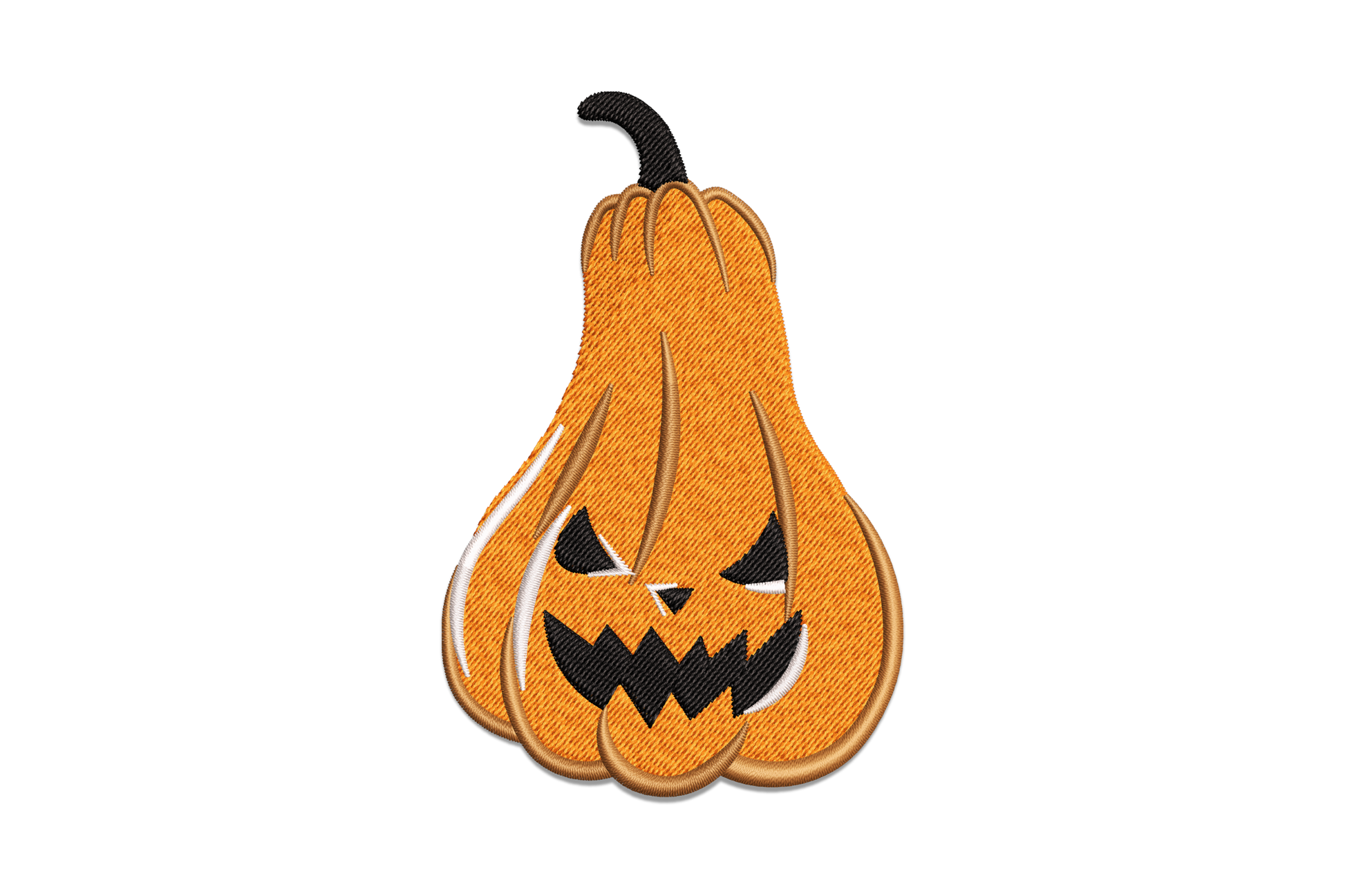 Machine embroidery design of a tall gourd-shaped orange jack o lantern pumpkin with black carved angry face and small stem
