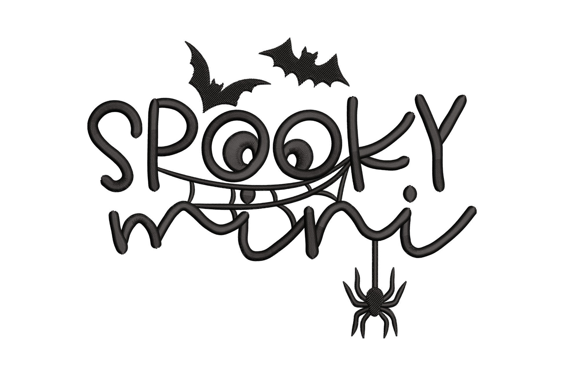 Spooky Mini halloween typography embroidery with googly O letters, creepy grin, bats and hanging spider, single black colour