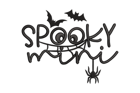 Spooky Mini halloween typography embroidery with googly O letters, creepy grin, bats and hanging spider, single black colour