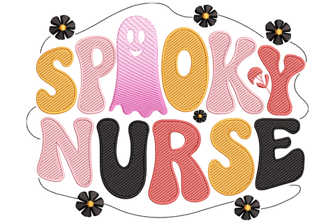 Spooky nurse embroidery design showing a cartoon nurse character with hollow eyes in white uniform and red cross cap with halloween styling on white background.