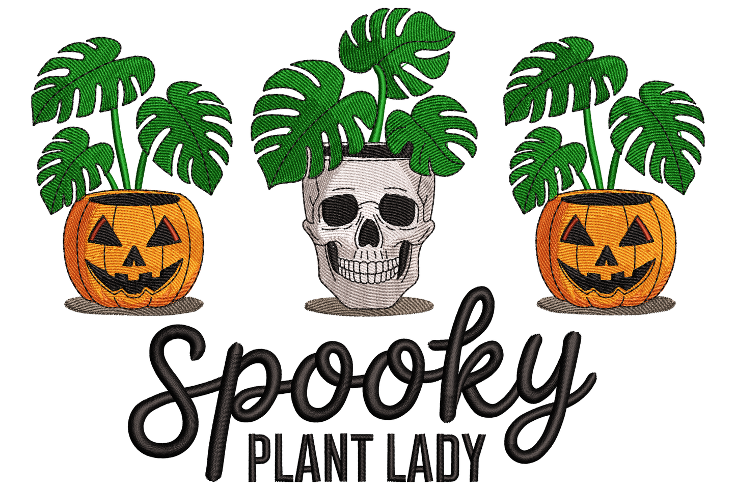Spooky plant lady machine embroidery design, witchy figure surrounded by dark halloween botanicals, eight colours, forest green and black palette, landscape format.