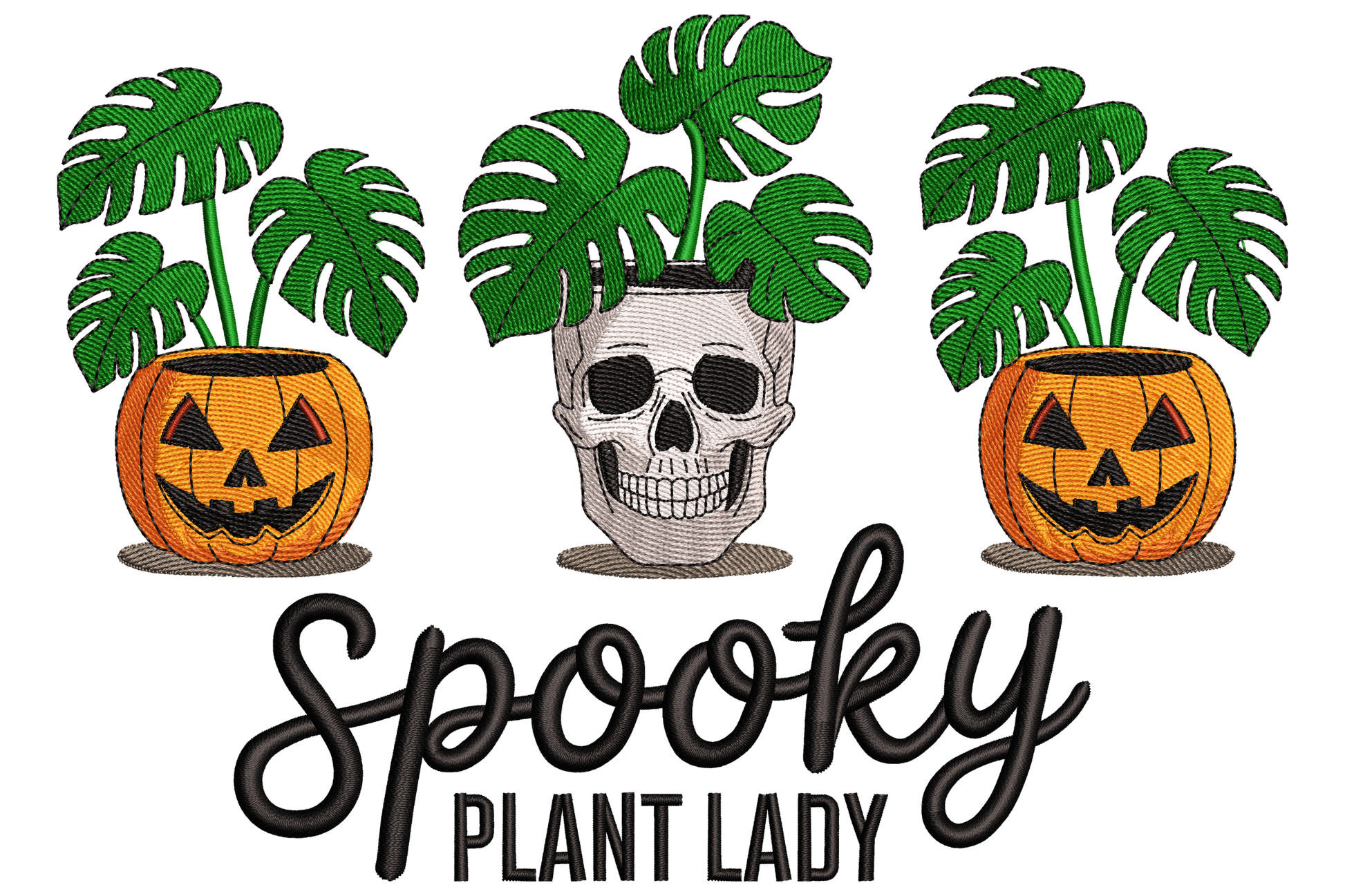 Spooky plant lady machine embroidery design, witchy figure surrounded by dark halloween botanicals, eight colours, forest green and black palette, landscape format.