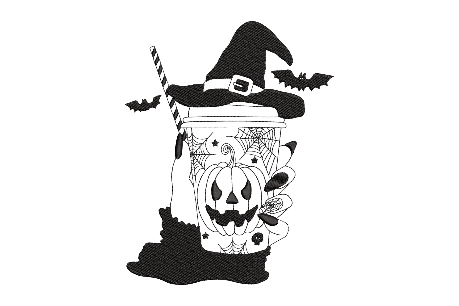 Machine embroidery design of a halloween coffee cup with witch hat pumpkin face bats and spider web, single colour blackwork, 6 sizes