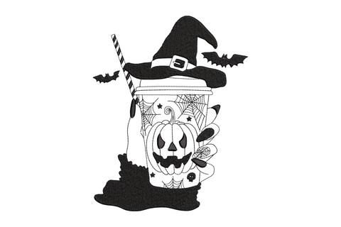 Machine embroidery design of a halloween coffee cup with witch hat pumpkin face bats and spider web, single colour blackwork, 6 sizes
