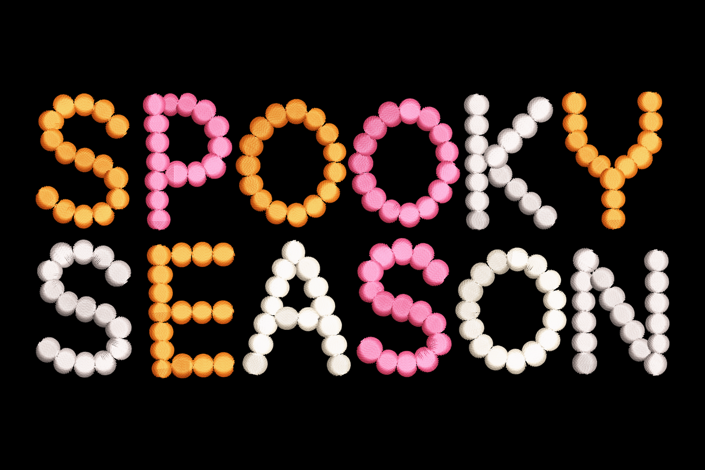 Spooky season beaded lettering embroidery design with rounded bubble-shaped characters in four colours, festive decorative style, 3.51 by 1.59 inches wide.
