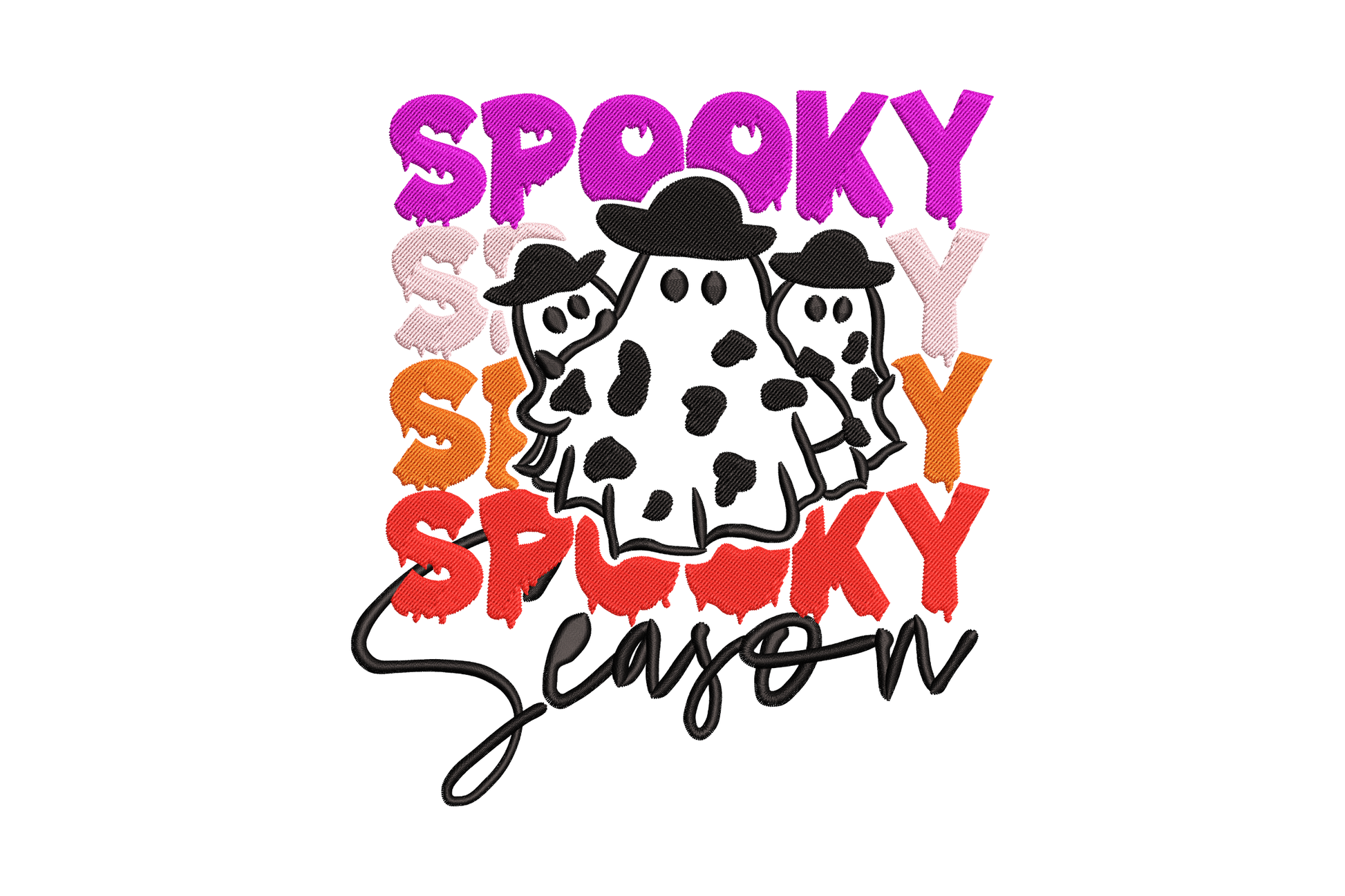 Spooky Season Cowboys Ghost embroidery with three cow-print ghosts in bowler hats, stacked rainbow SPOOKY lettering from pink-purple to red-orange and black script Season below.