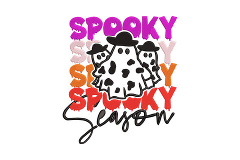 Spooky Season Cowboys Ghost embroidery with three cow-print ghosts in bowler hats, stacked rainbow SPOOKY lettering from pink-purple to red-orange and black script Season below.