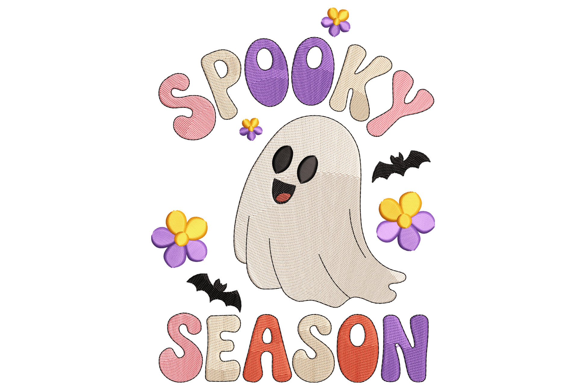 Spooky season halloween ghost embroidery design, portrait-format friendly ghost with expressive face and seasonal text, 8 thread colours in white and accent tones, 2.64 by 3.5 inches.