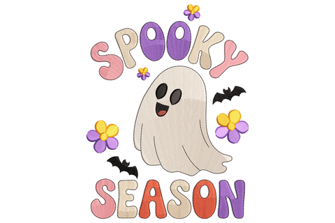 Spooky season halloween ghost embroidery design, portrait-format friendly ghost with expressive face and seasonal text, 8 thread colours in white and accent tones, 2.64 by 3.5 inches.