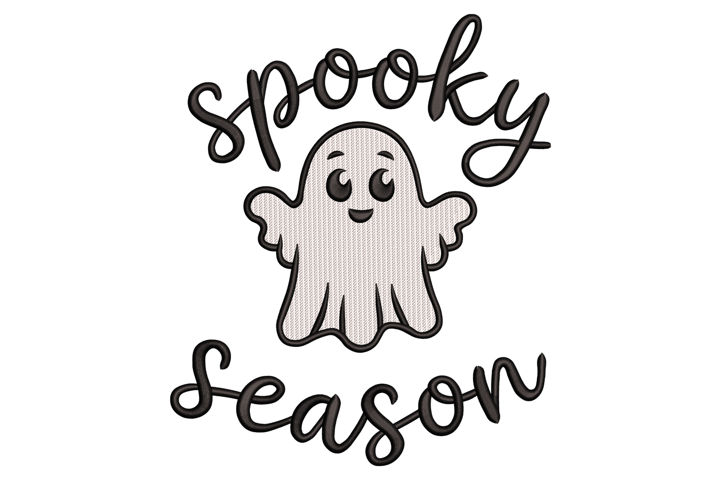 Cartoon ghost with wavy hem and oval eyes, minimal two-colour style, portrait orientation, 2.95 by 3.5 inches machine embroidery design