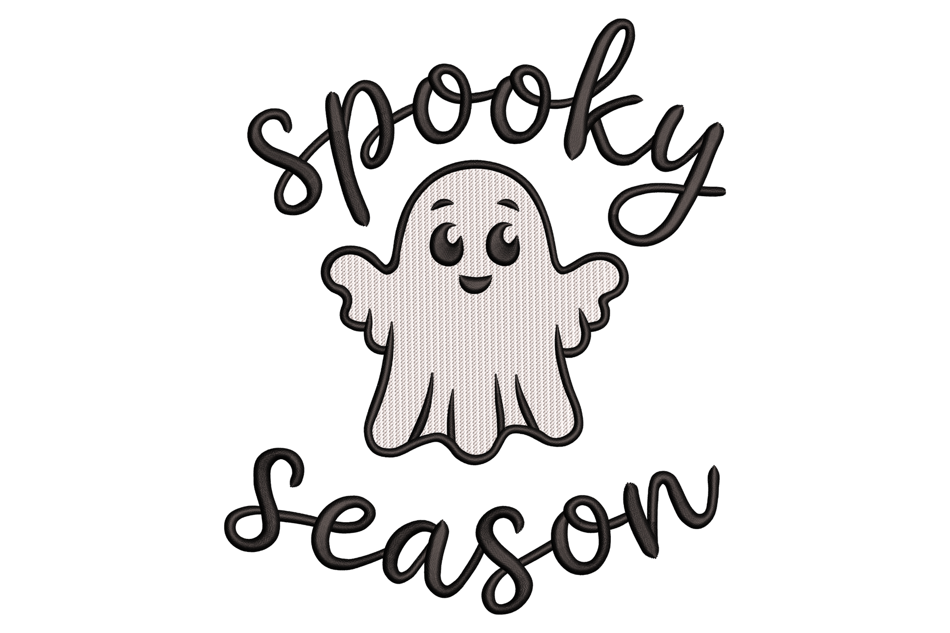 Cartoon ghost with wavy hem and oval eyes, minimal two-colour style, portrait orientation, 2.95 by 3.5 inches machine embroidery design