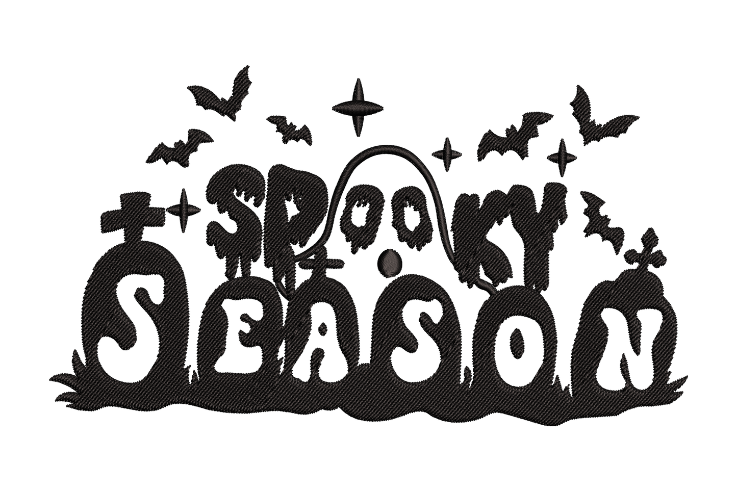 Spooky Season graveyard embroidery design in solid black with chunky lettering, ghost face in the letter O, tilted gravestones, flying bats and sparkle stars.