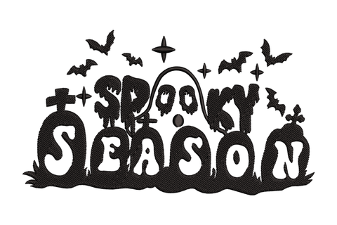 Spooky Season graveyard embroidery design in solid black with chunky lettering, ghost face in the letter O, tilted gravestones, flying bats and sparkle stars.