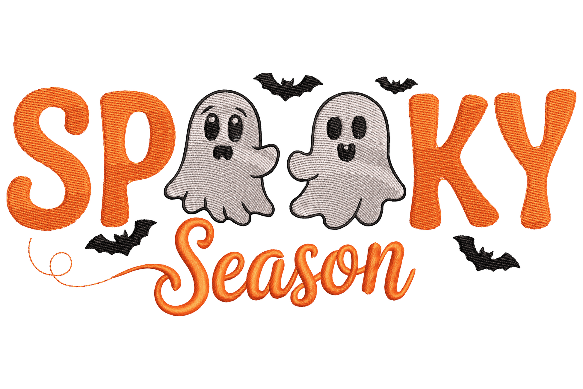 Spooky Season halloween embroidery with orange block letters, two white ghosts in the letter openings, and black bats scattered around.