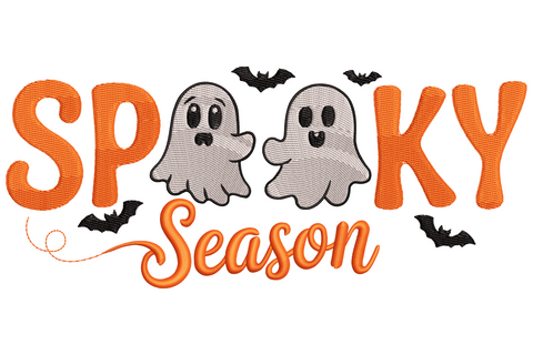 Spooky Season halloween embroidery with orange block letters, two white ghosts in the letter openings, and black bats scattered around.