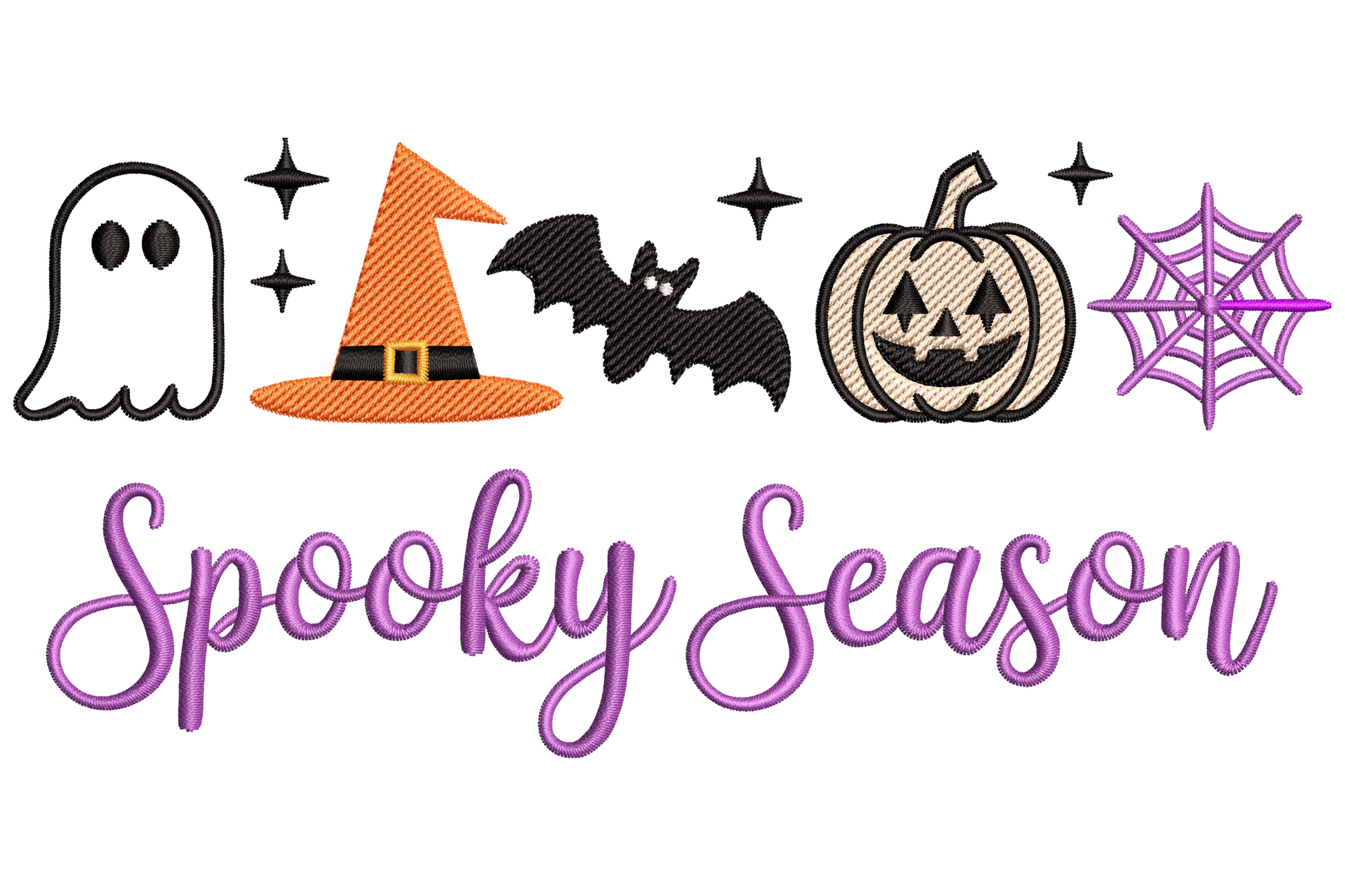 Spooky season halloween scene embroidery, seven-colour landscape band with jack-o-lantern, witch hat, bats, moon and stars, compact graphic strip composition.