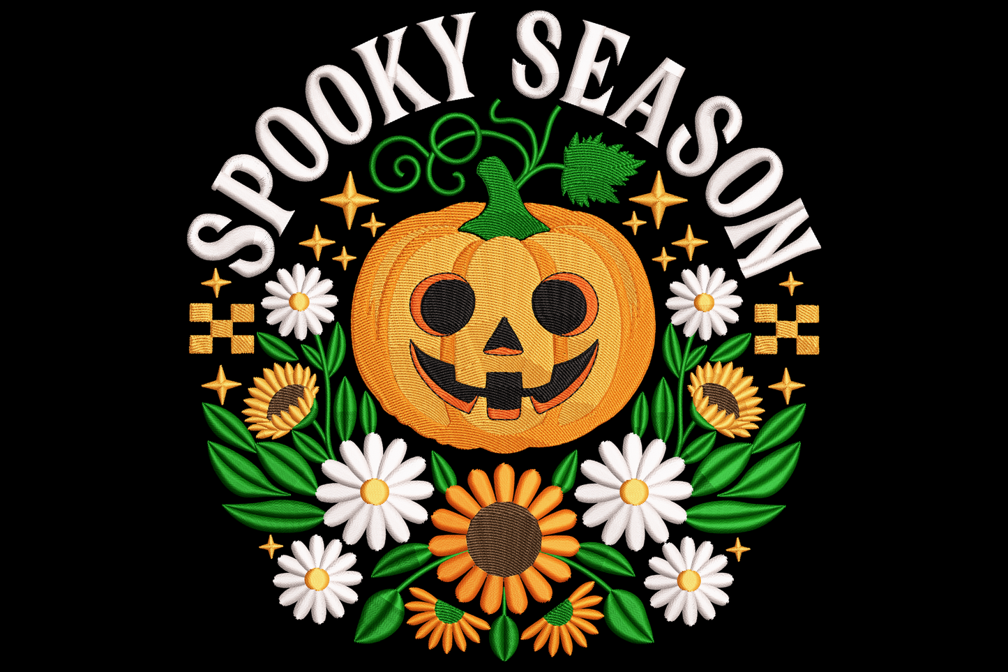 Spooky Season Pumpkin embroidery design, carved Jack-o-lantern with inner glow effect, eight-colour Halloween theme, 3.42 by 3.51 inch near-square format.